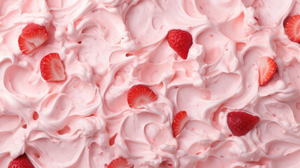 Close-up of the texture of pink creamy ice cream with strawberries. Creative background of delicious dairy ice cream with natural ingredients. - obrazy, fototapety, plakaty
