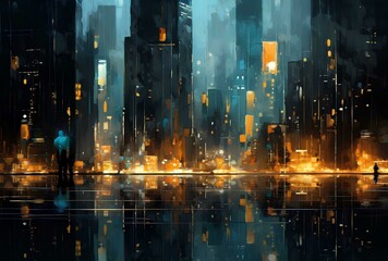 Night city lights reflected in the water. 3D rendering illustration.