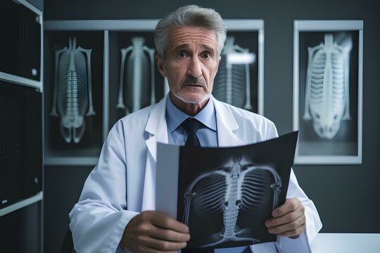 Portrait of serious mature doctor looking at x-ray for health problem
