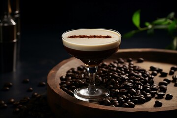 Coffee cocktail adorned with three coffee beans, resting on a smooth surface. Generative AI