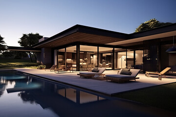 Fototapeta premium Contemporary Elegance Modern Dark Villa with Open Plan Living and Private Terrace Retreat. created with Generative AI