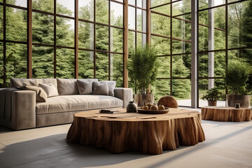 Minimalist Modern Living Room with Edge Tree Stump Coffee Table, Spacious Couch, and Stylish Home Interior Design. created with Generative AI