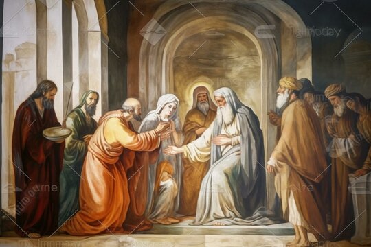 MATERA, ITALY - MARCH 7, 2022: The painting of Presentation of Jesus in the Temple in the church Chiesa di Santa Chiara (18. cent.). Generative AI