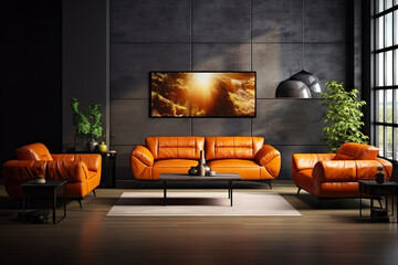 Contemporary Living Room with Striking Orange Leather Furniture and Classic Dark Wall. created with Generative AI