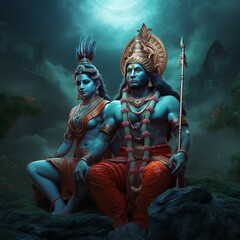illustration of 4k high res photo of Lord Ram sitting with Sita, Generative ai - obrazy, fototapety, plakaty
