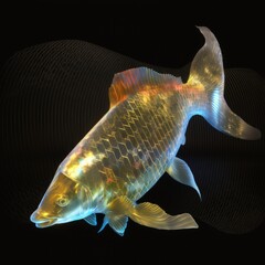 goldfish swimming in a black backgrounds. Hologram vibrant orange and gold colors in a tranquil...