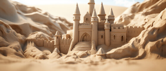 Magnificent sand castle on golden sand, with intricate towers. - obrazy, fototapety, plakaty