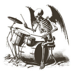 Highly detailed vector illustration of a skeleton playing the drums