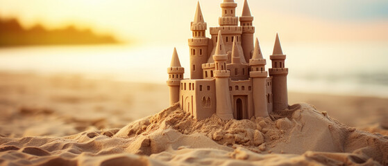 Close-up of a detailed sandcastle on a smooth beach.