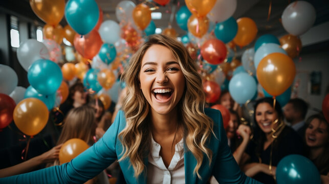 A happy mood laughing cheerful girl of an office team in front of their team, taking a selfie photo in a celebrity party event with lot of colorful balloons around 