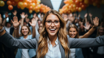 A happy mood laughing cheerful lady of an office team in front of their team, taking a selfie photo in a celebrity party event with lot of balloons around  - obrazy, fototapety, plakaty