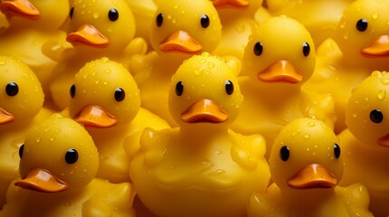 Textured yellow rubber duckies arranged in a visually appealing pattern,[yellow background different textures] - obrazy, fototapety, plakaty
