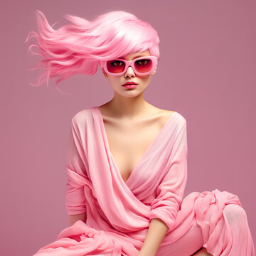 portrait of a woman with vibrant pink hair and matching sunglasses, wearing a flowing pink garment, against a monochromatic pink background, creating a bold and cohesive color statement