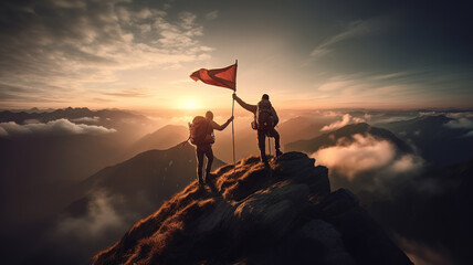 Two young men climbed to the highest peak and planted flags to mark their success. Teamwork of two men hiker helping each other on top of mountain climbing. Ai generate  - obrazy, fototapety, plakaty
