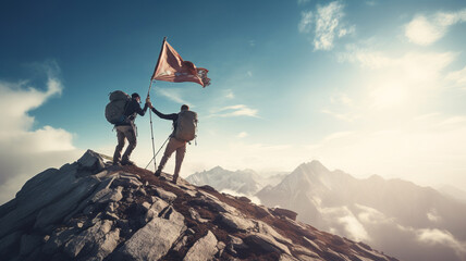 Two young men climbed to the highest peak and planted flags to mark their success. Teamwork of two men hiker helping each other on top of mountain climbing. Ai generate  - obrazy, fototapety, plakaty