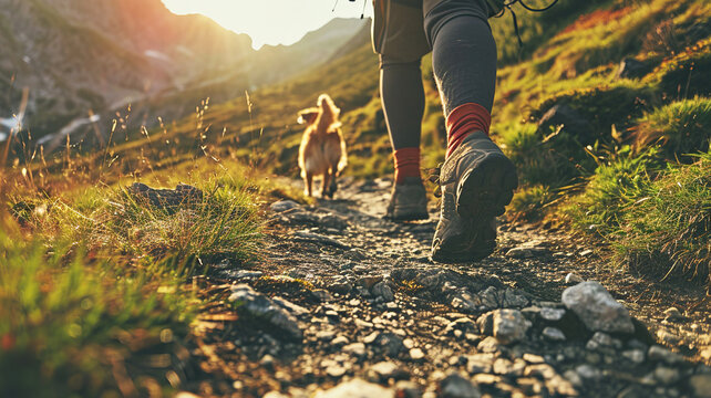 Feet of a man walking on a mountain with him dog. Relaxing during the holidays by hiking. Ai generate