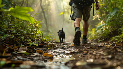 Feet of a man walking in rain forest with him dog. Relaxing during the holidays by hiking. Ai generate