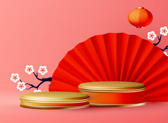 3D Round Podium with Lantern. Chinese and Lunar New Year design template. Asian holiday