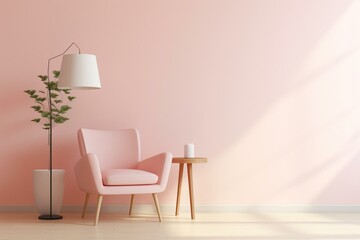 Room in plain light pink color with chair, floor lamp, vase, and plant. Light background. Generative AI
