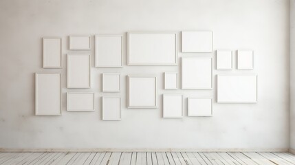 white room with different size empty frames on the wall, mock up, copy space, 16:9