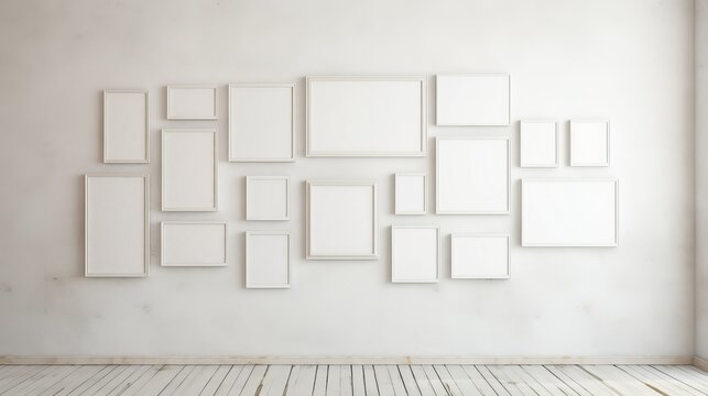 white room with different size empty frames on the wall, mock up, copy space, 16:9