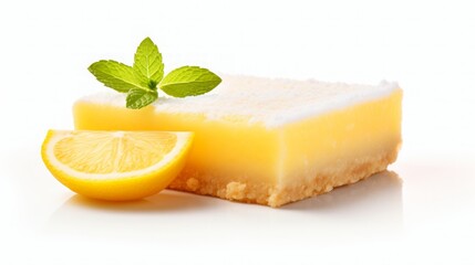 buttery shortbread crust topped with a tangy lemon filling, isolated white, food photography, copy space, 16:9