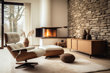 Cozy Retreat Mid-Century Scandinavian Living Room with Two Recliner Chairs, Stone Wall, and Fireplace. created with Generative AI