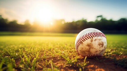 Baseball ball on green grass field with sunlight background and copy space, Soft focus background suitable for sports-related projects and designs.
