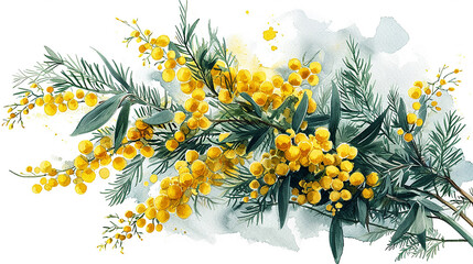 mazzo di mimose per la festa della donna su sfondo bianco scontornabile, stile acquerello