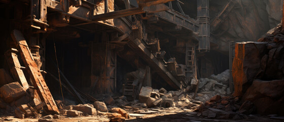 Mysterious cave with a wooden staircase leading to light.