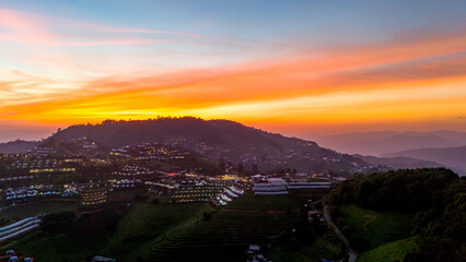 Aerial view of camping grounds and tents on Doi Mon Cham mountain in Mae Rim, Chiang Mai province, Thailand