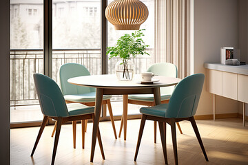 Elegant Turquoise Dining Wooden Round Table with Stylish Chairs in a Scandinavian Modern Dining Room. created with Generative AI