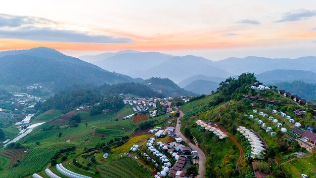 Aerial view of camping grounds and tents on Doi Mon Cham mountain in Mae Rim, Chiang Mai province, Thailand