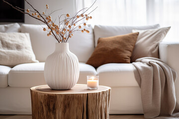 Scandinavian Serenity Close-Up of Decorative Vase on Tree Stump Coffee Table in a Minimalist Modern Living Room. created with Generative AI