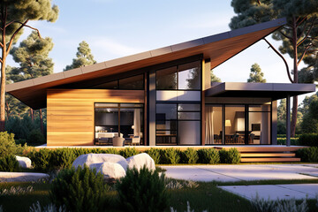 Elegance in Simplicity Modern Minimalist Ranch Style House with Timber Wood Cladding Exterior. created with Generative AI