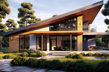 Elegance in Simplicity Modern Minimalist Ranch Style House with Timber Wood Cladding Exterior. created with Generative AI
