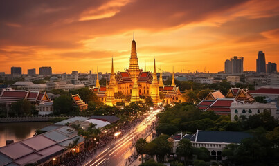 Grand Palace and Wat Phra Kaew Glowing in the Asian Sunset - A Landmark in Bangkok, Thailand. - obrazy, fototapety, plakaty