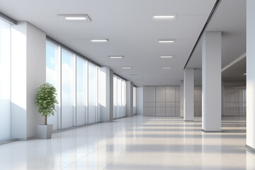 Modern office corridor with a blank illuminated wall for advertising. 3D mockup rendering