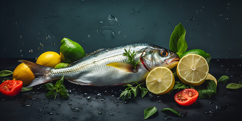 fish and vegetables on the kitchen board,Flat lay of fish with tomatoes and lemon slices,Fish trout with spices and lemon,Healthy food clean eating selection delicious fresh food