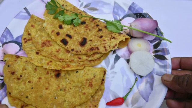 Mooli paratha or Radish flatbread. Healthy Indian Mooli paratha. Daikon flatbread. It is a popular food of india. It can be eaten for breakfast, lunch and dinner. Indian food. 
