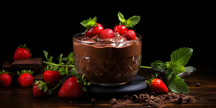 chocolate mousse with strawberries,A chocolate cake with chocolate frosting and chocolate chips on top.Front view of sweet chocolate cake with copy space,A painting of a chocolate cake with blackberri