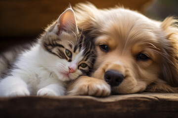 Fototapeta na wymiar Puppy and kitten cuddling together, embodying cuteness and affection
