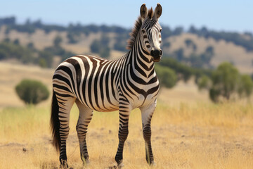 Fototapeta na wymiar A Zorse a hybrid between a zebra and a horse in a natural field setting