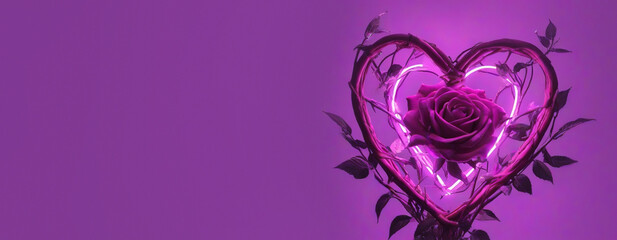 A heart made of branches of leaves of rose flowers and neon glow on a purple background