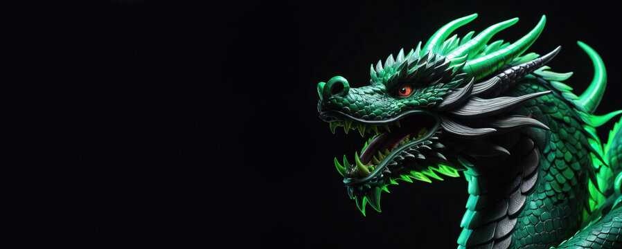 Portrait of a green dragon in Chinese style on a plain black background