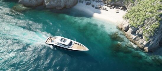 Beautiful aerial view of speedboat near a green cliff island