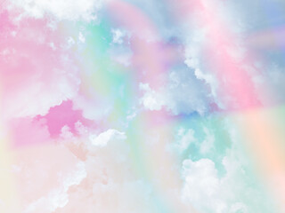 Fototapeta na wymiar beauty abstract sweet pastel soft pink and green with fluffy clouds on sky. multi color rainbow image. fantasy growing light