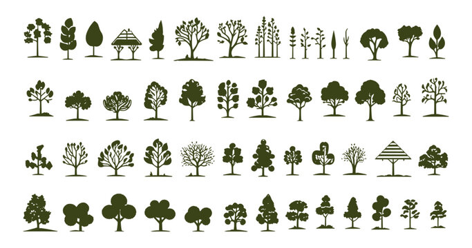 set of green graphic trees elements, Architecture and Landscape Design: Vector Illustration of Green Tree Elements, for Drawing Natural Icons and Symbolism in Project,  Environment, Nature, garden