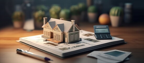 House model miniature, calculator and and agreement contract book. on a wooden table, Concept of real estate investment and loan, mortgage and refinancing