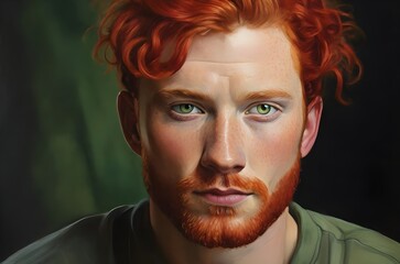 A portrait of a man with red hair, green eyes and rosy cheeks. Generative AI